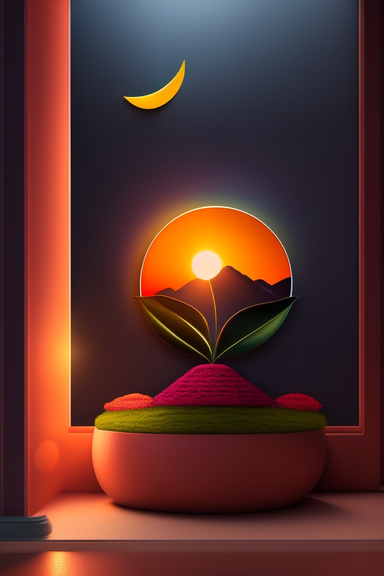 Planta frente a un atardecer y montañas, exploración visual temprana